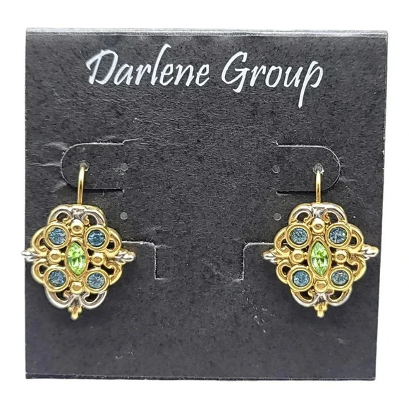 Darlene Group Open Filigree Two Toned Blue Green Multi Color Rhinestone Dangle E - Picture 1 of 4
